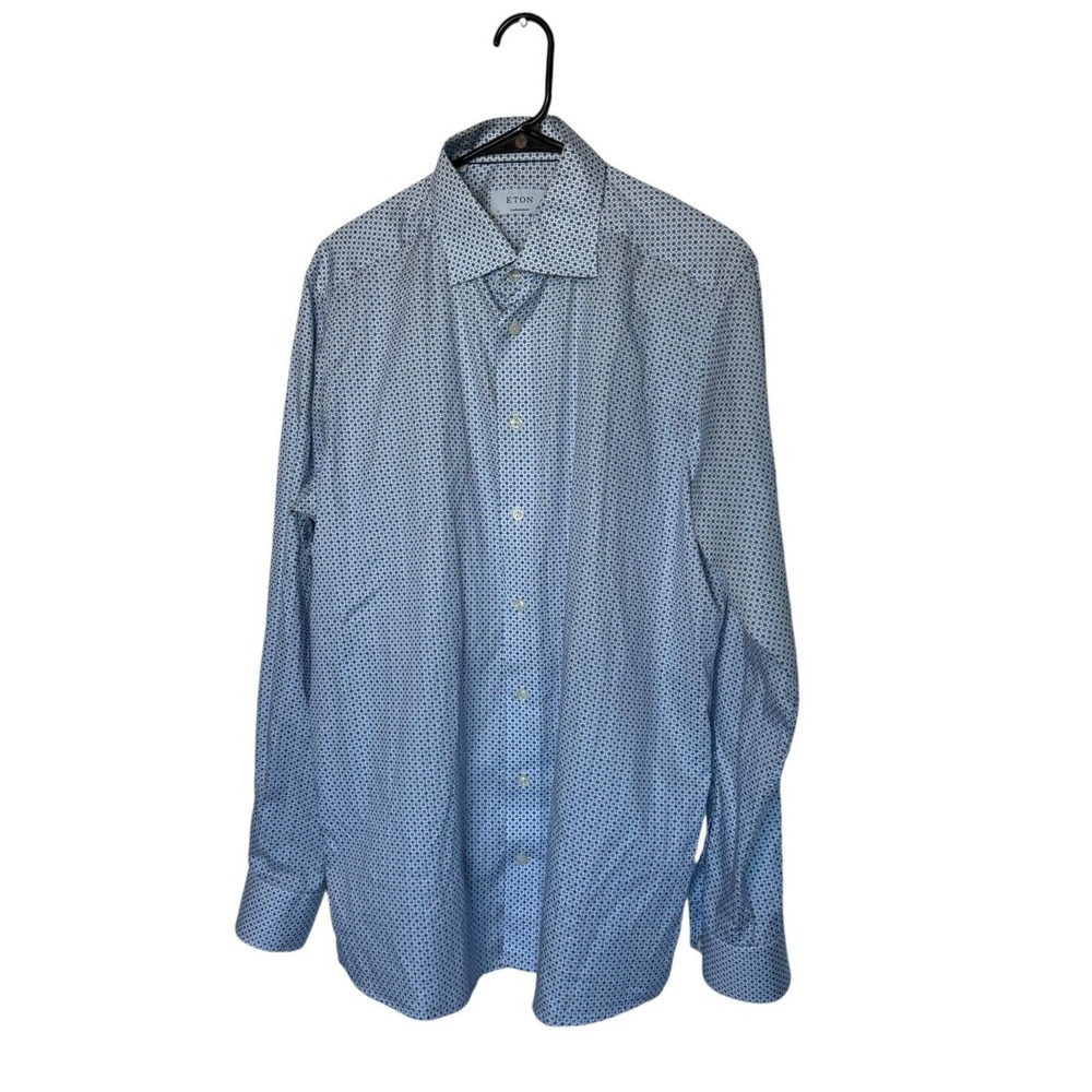 Eton Button Down Shirt Mens 16 Large Blue Geometric Contemporary Fit Long Sleeve